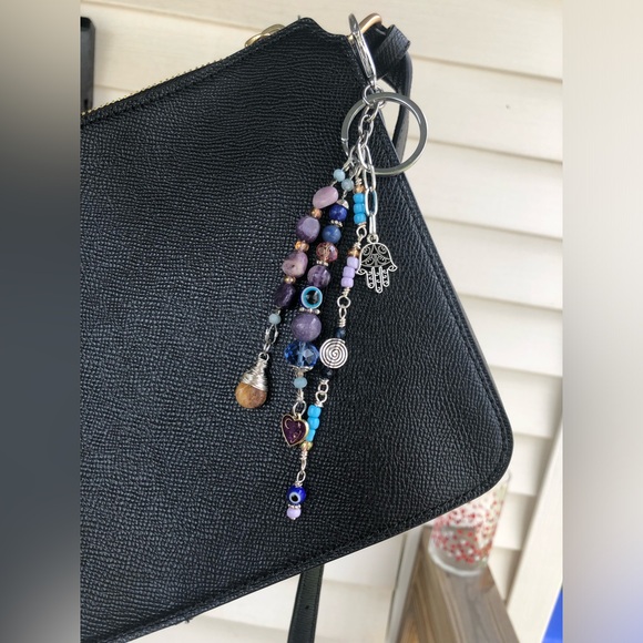Evil Eye Lepidolite Mixed Crystal Gemstone Beaded Purse Charm / Car Mirror Charm - Picture 4 of 15